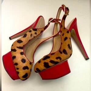 Charlotte Olympia Polly Leopard Print Pony Hair
Platform Heels NIB